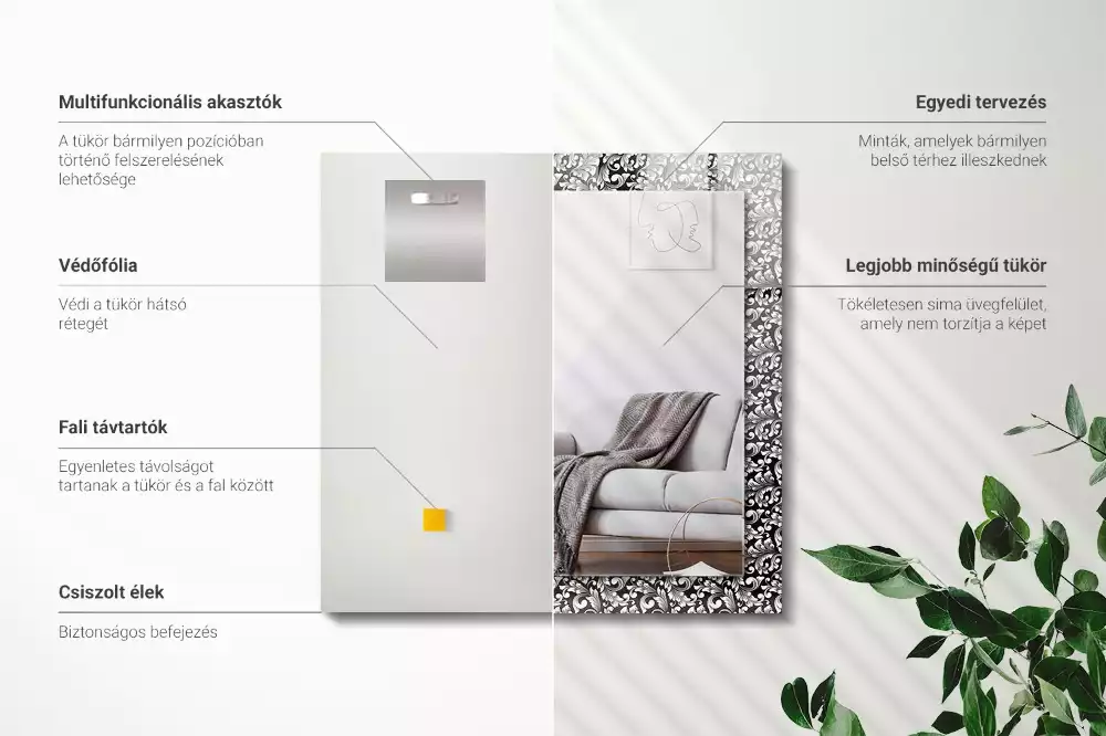 Obdélníkové zrcadlo rám s potiskem černobílá ornamentika