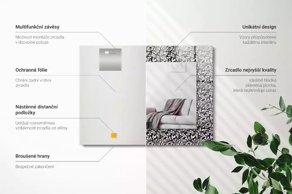 Obdélníkové zrcadlo rám s potiskem černobílá ornamentika