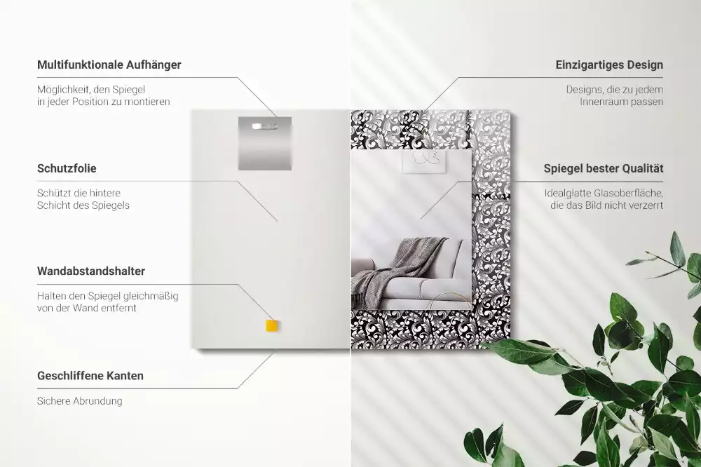 Obdélníkové zrcadlo rám s potiskem černobílá ornamentika