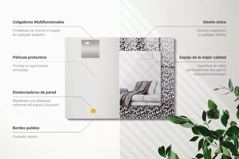 Obdélníkové zrcadlo rám s potiskem černobílá ornamentika