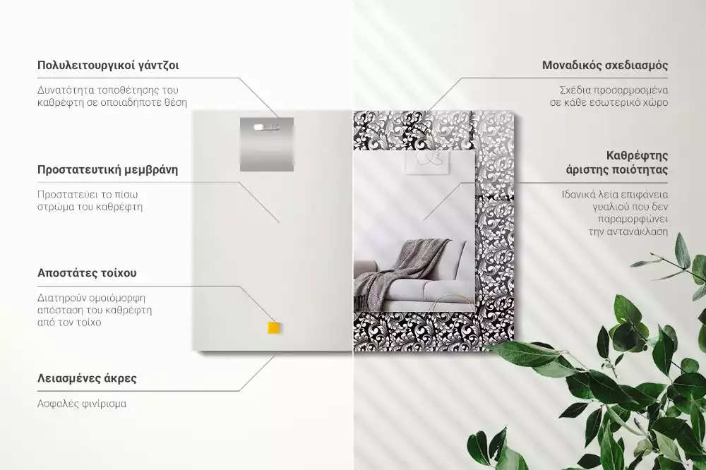 Obdélníkové zrcadlo rám s potiskem černobílá ornamentika