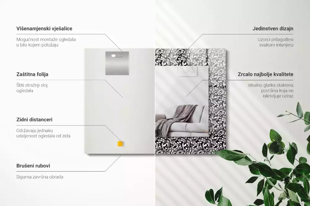 Obdélníkové zrcadlo rám s potiskem černobílá ornamentika