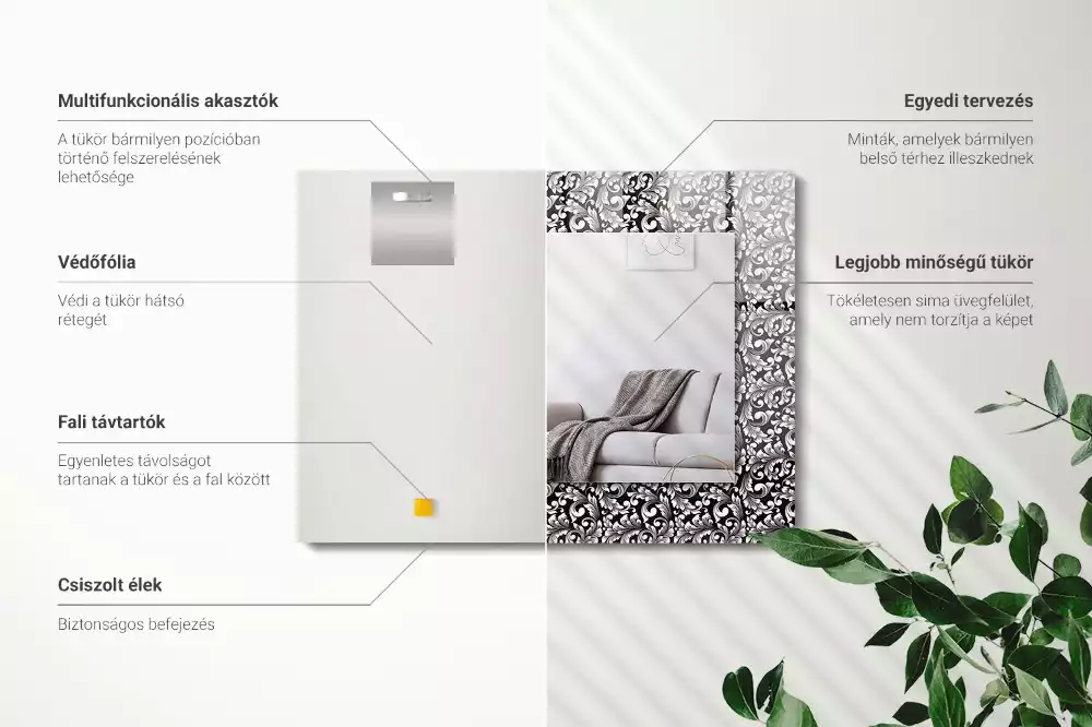 Obdélníkové zrcadlo rám s potiskem černobílá ornamentika