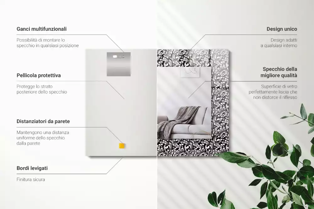 Obdélníkové zrcadlo rám s potiskem černobílá ornamentika