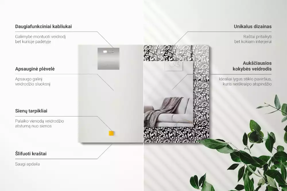 Obdélníkové zrcadlo rám s potiskem černobílá ornamentika