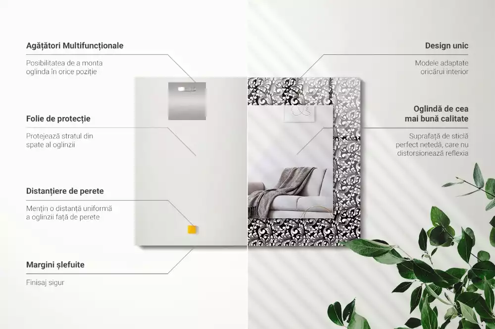 Obdélníkové zrcadlo rám s potiskem černobílá ornamentika