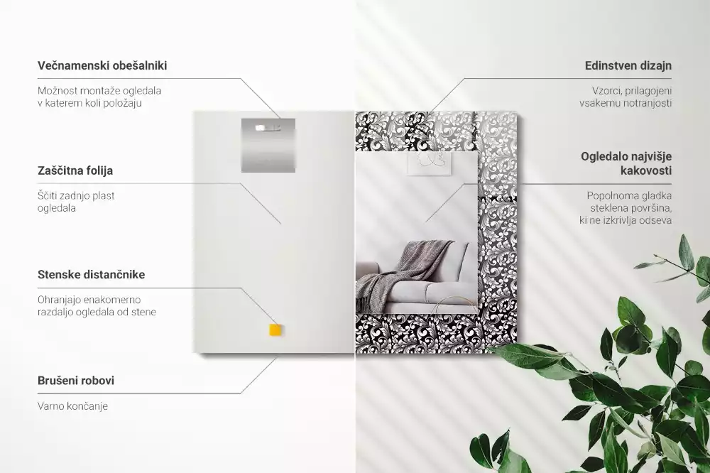 Obdélníkové zrcadlo rám s potiskem černobílá ornamentika