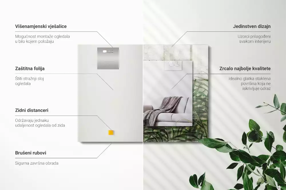 Obdélníkové zrcadlo s dekorem zelené kapradinové listy