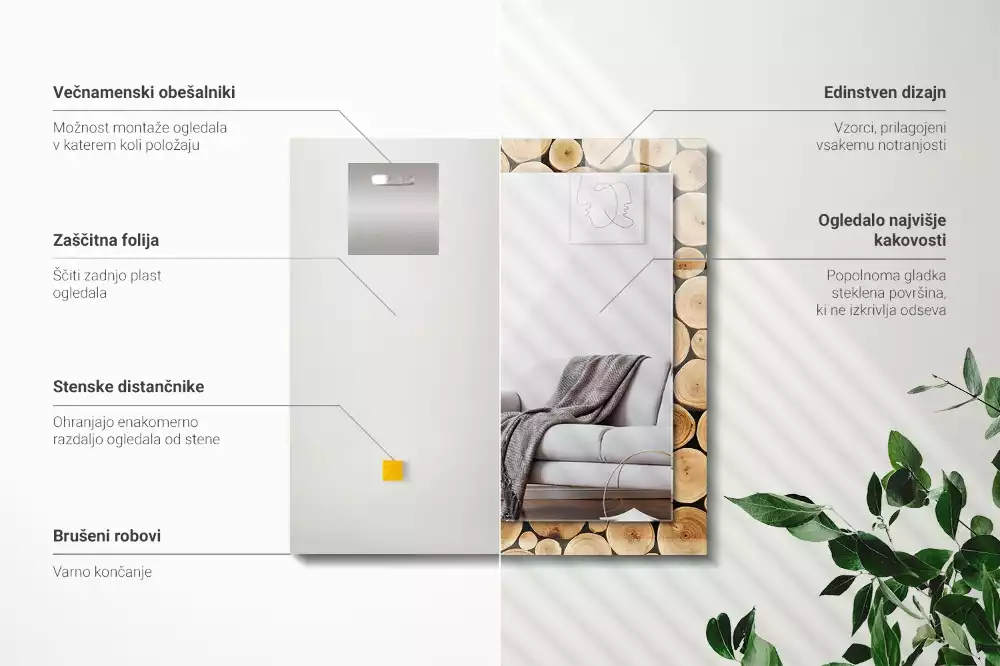 Obdélníkové zrcadlo rám s potiskem průřezy kmenů stromů