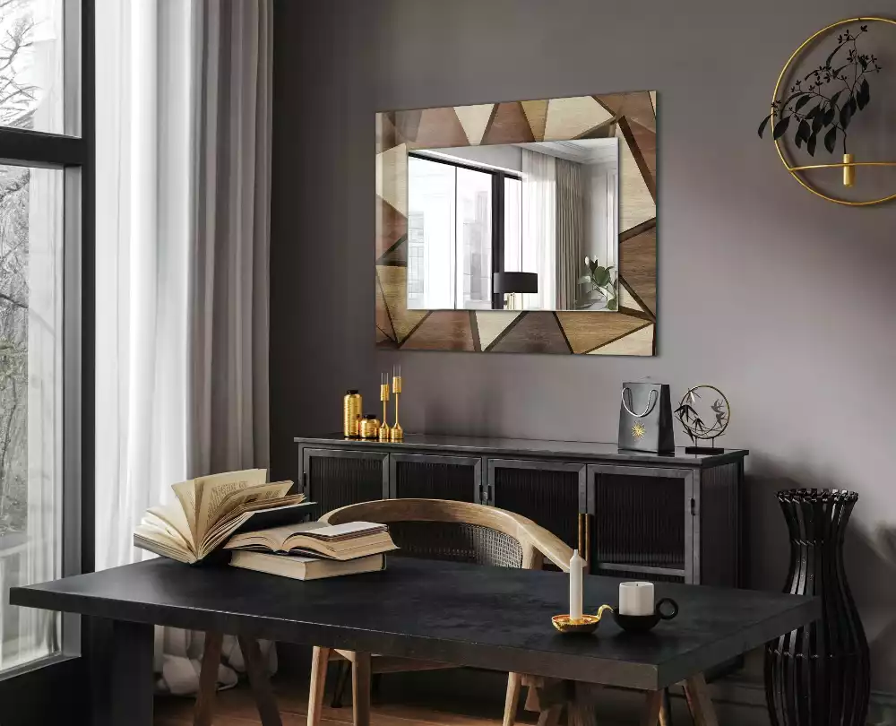 Obdélníkové dekorační zrcadlo na zeď dřevěné geometrické motivy