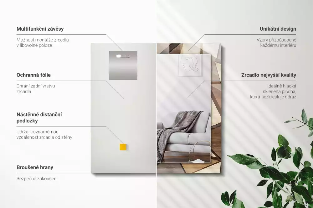 Obdélníkové dekorační zrcadlo na zeď dřevěné geometrické motivy