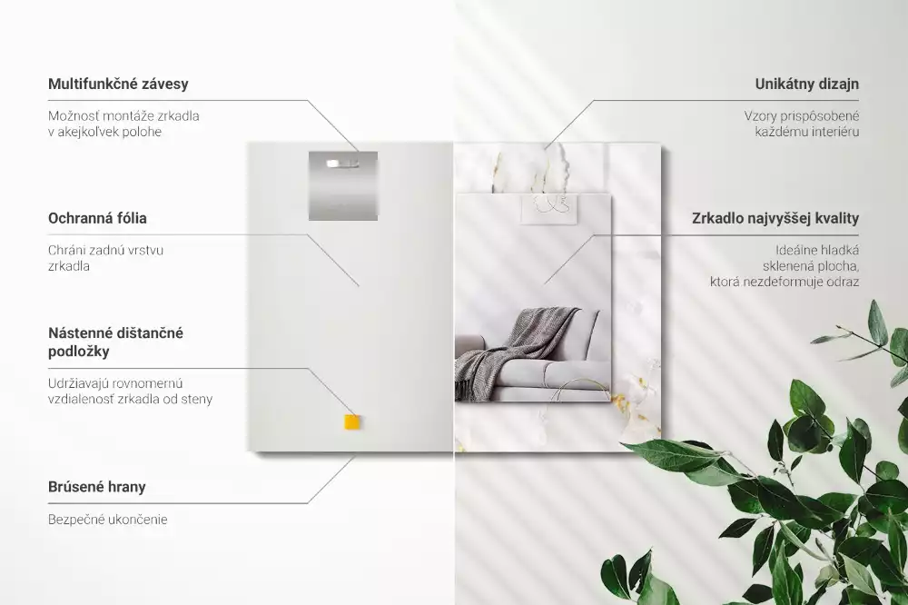 Obdélníkové zrcadlo rám s potiskem bílý mramorový vzor