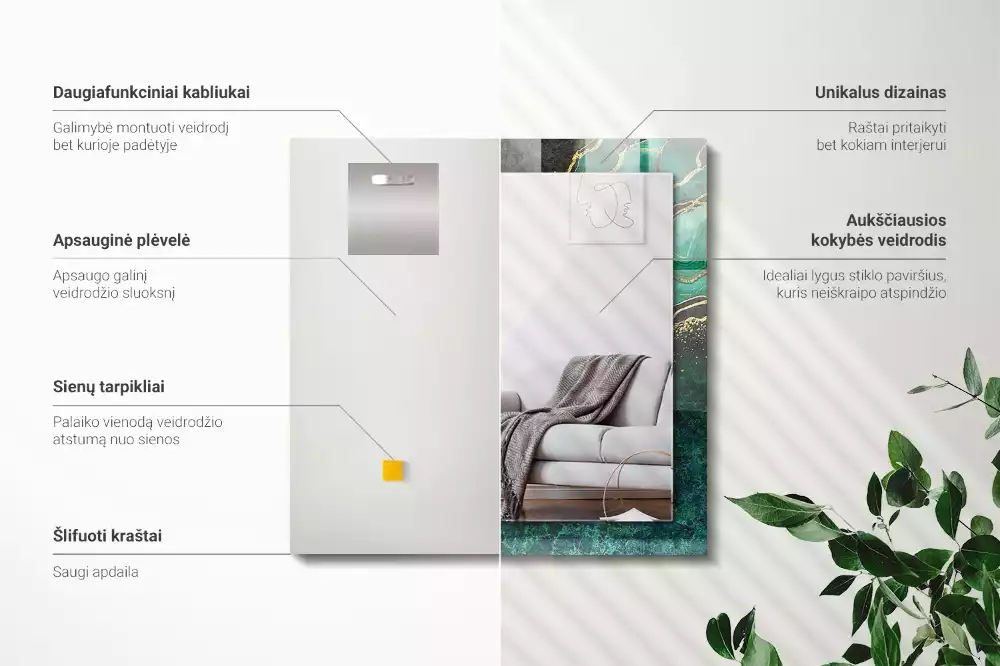 Obdélníkové dekorační zrcadlo na zeď zelené abstraktní motivy