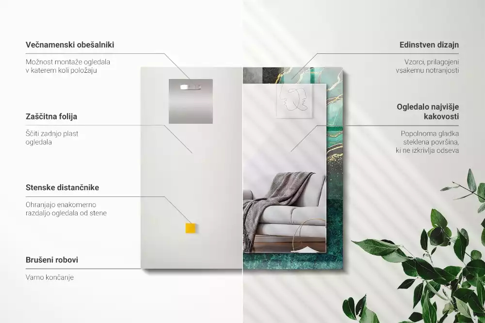 Obdélníkové dekorační zrcadlo na zeď zelené abstraktní motivy