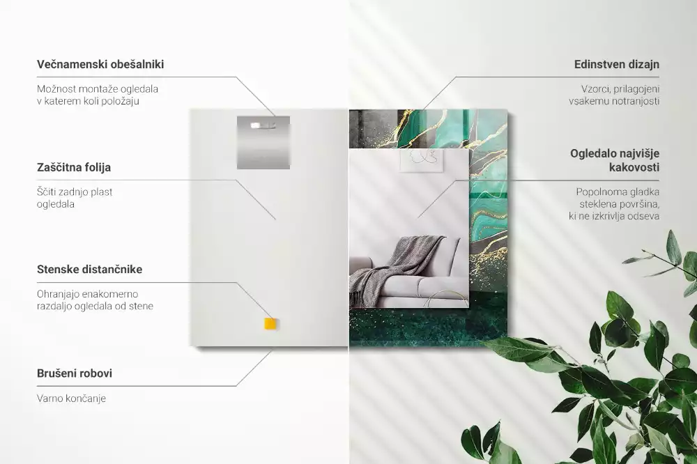 Obdélníkové dekorační zrcadlo na zeď zelené abstraktní motivy