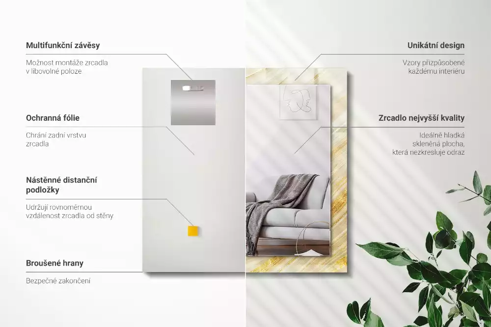 Obdélníkové zrcadlo rám s potiskem žluté abstraktní čáry