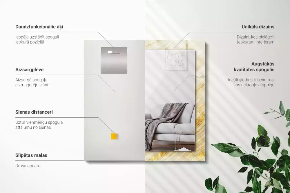 Obdélníkové zrcadlo rám s potiskem žluté abstraktní čáry