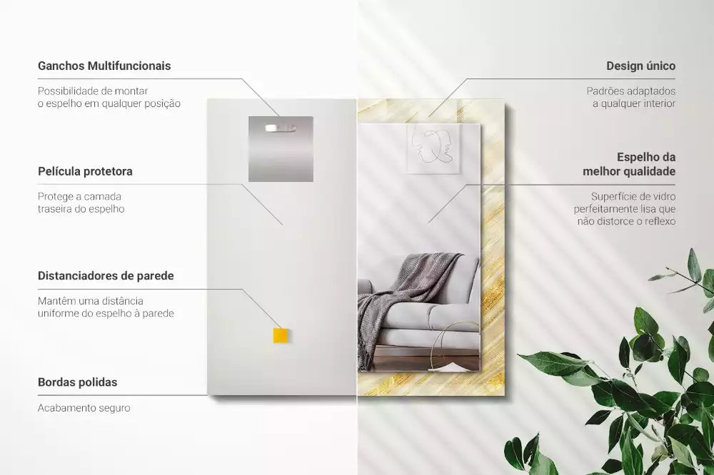 Obdélníkové zrcadlo rám s potiskem žluté abstraktní čáry