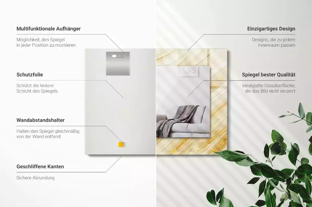 Obdélníkové zrcadlo rám s potiskem žluté abstraktní čáry