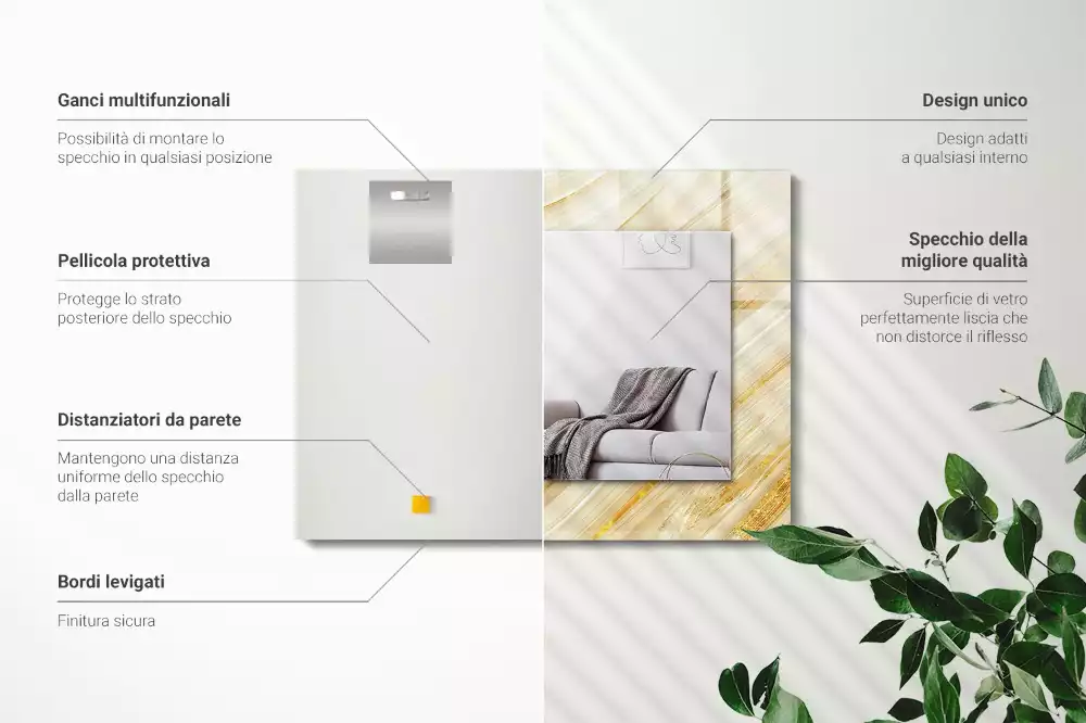 Obdélníkové zrcadlo rám s potiskem žluté abstraktní čáry
