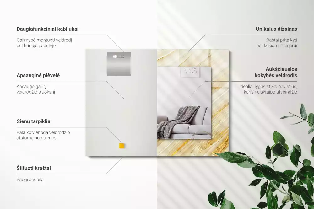 Obdélníkové zrcadlo rám s potiskem žluté abstraktní čáry