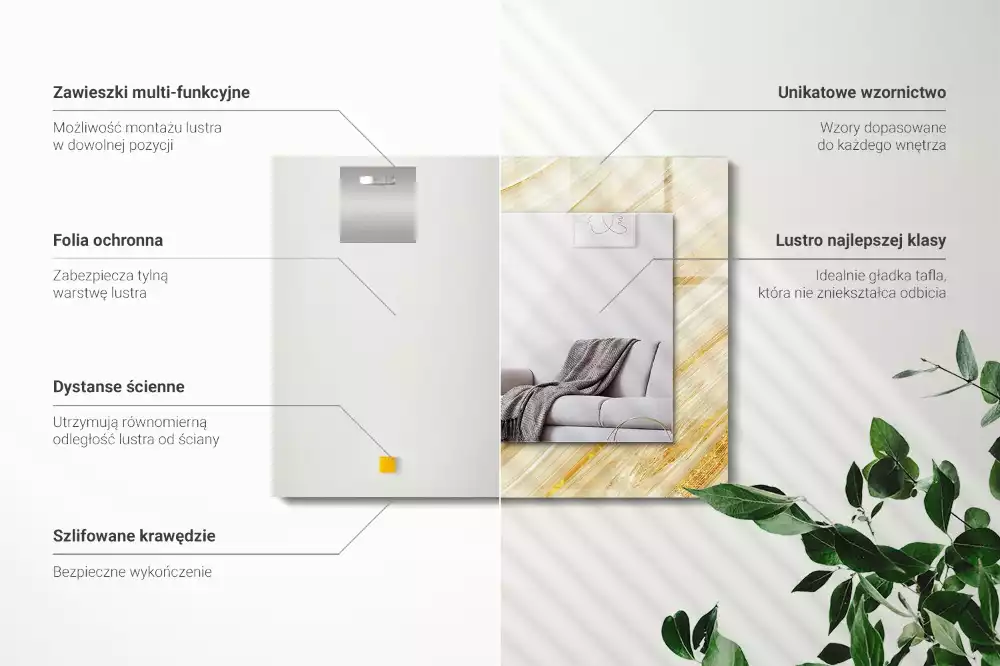 Obdélníkové zrcadlo rám s potiskem žluté abstraktní čáry