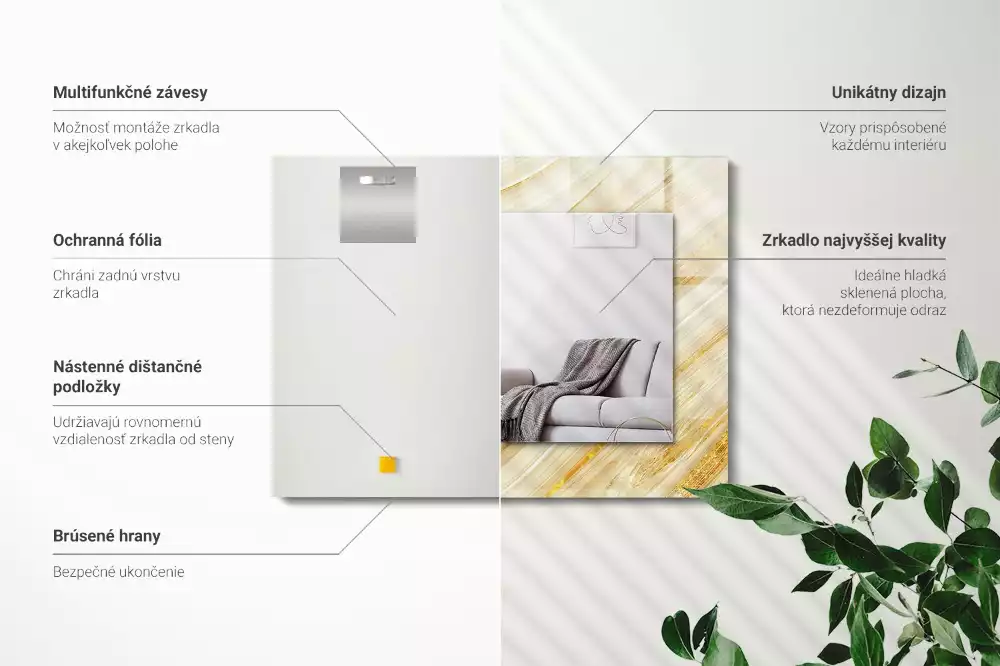 Obdélníkové zrcadlo rám s potiskem žluté abstraktní čáry