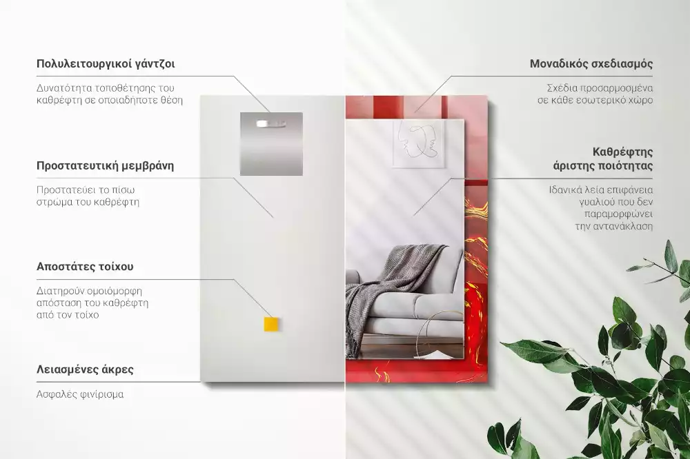 Obdélníkové dekorační zrcadlo na zeď abstraktní červená barva