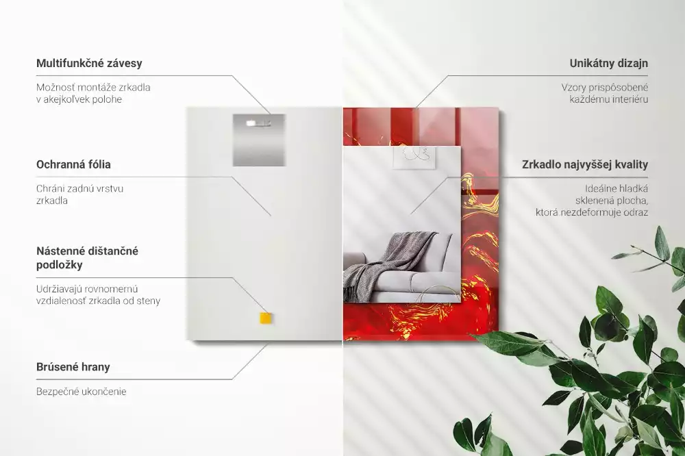 Obdélníkové dekorační zrcadlo na zeď abstraktní červená barva
