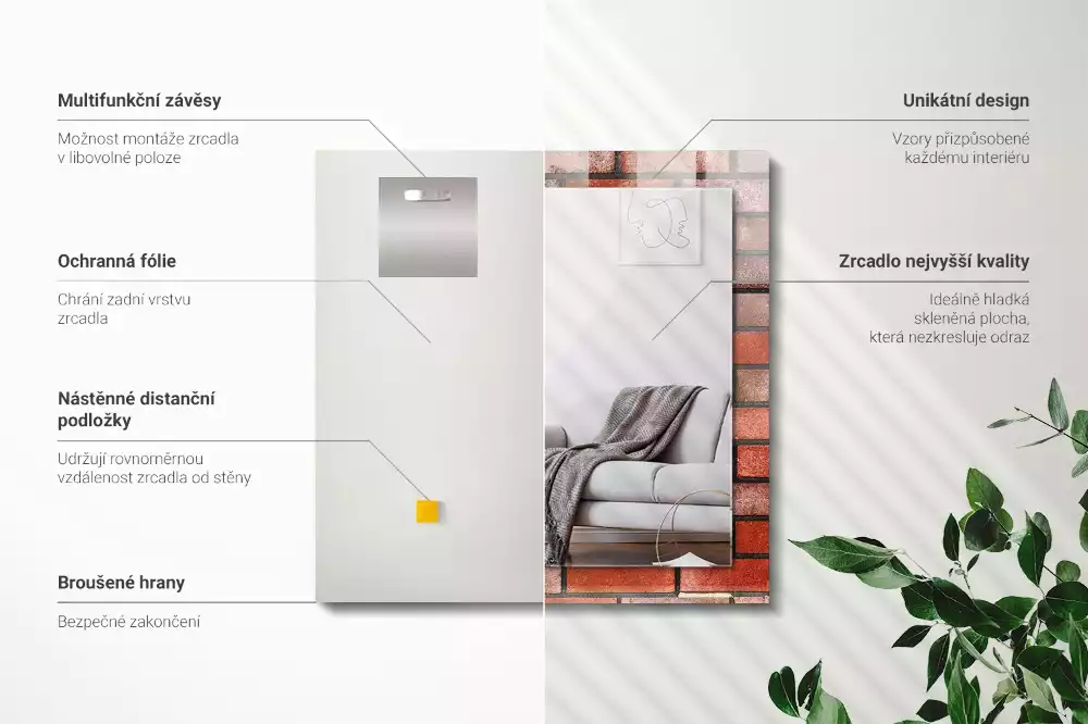 Obdélníkové dekorační zrcadlo na zeď cihlová zeď červená