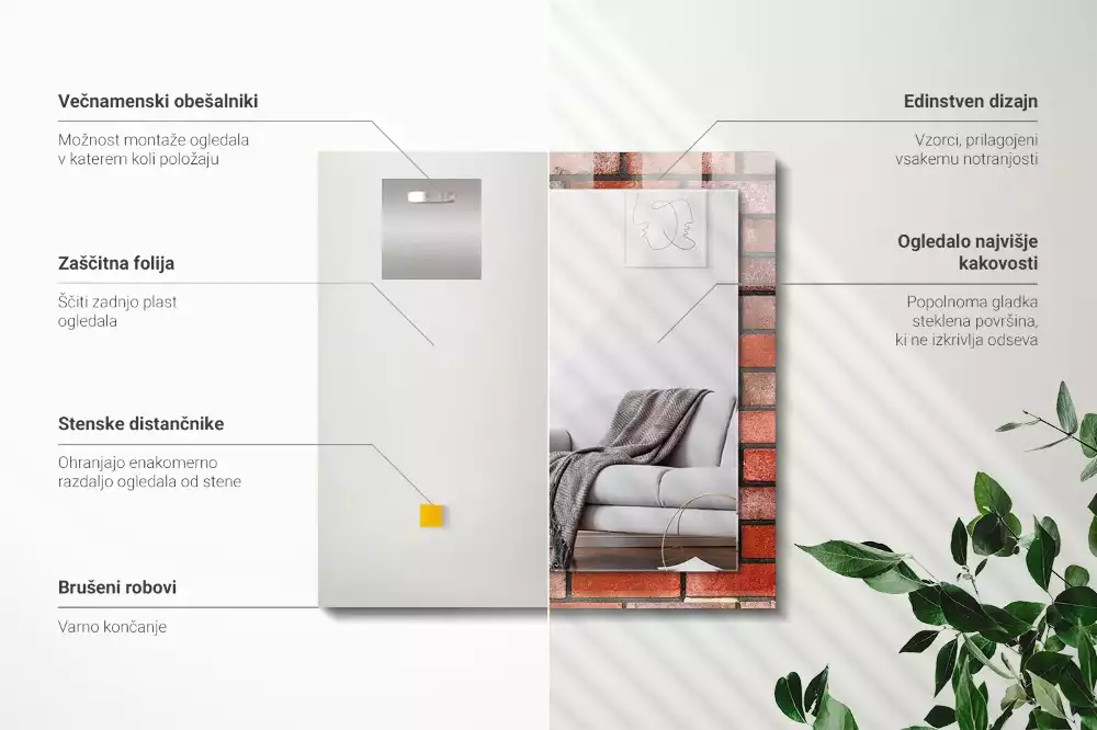 Obdélníkové dekorační zrcadlo na zeď cihlová zeď červená