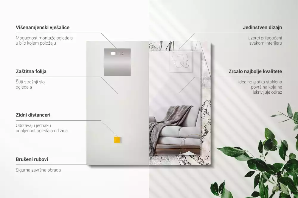 Obdélníkové zrcadlo rám s potiskem jelen liška a rostliny