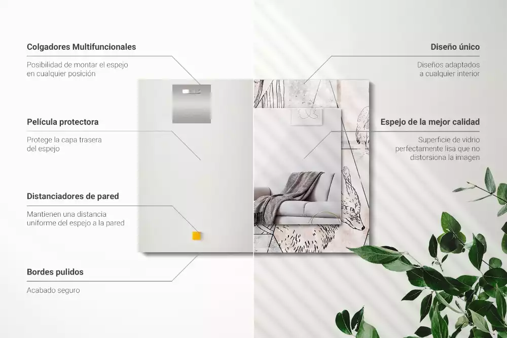 Obdélníkové zrcadlo rám s potiskem jelen liška a rostliny