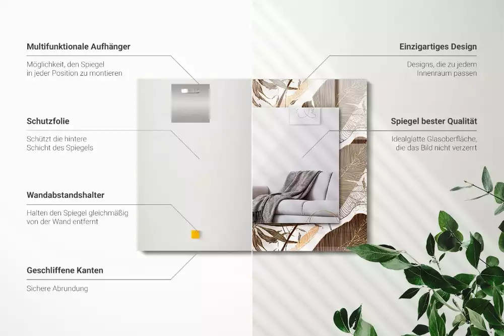 Obdélníkové dekorační zrcadlo na zeď vzor s tropickými listy
