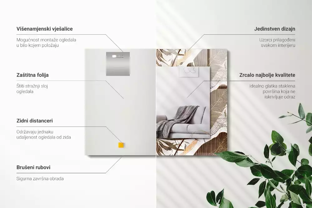 Obdélníkové dekorační zrcadlo na zeď vzor s tropickými listy