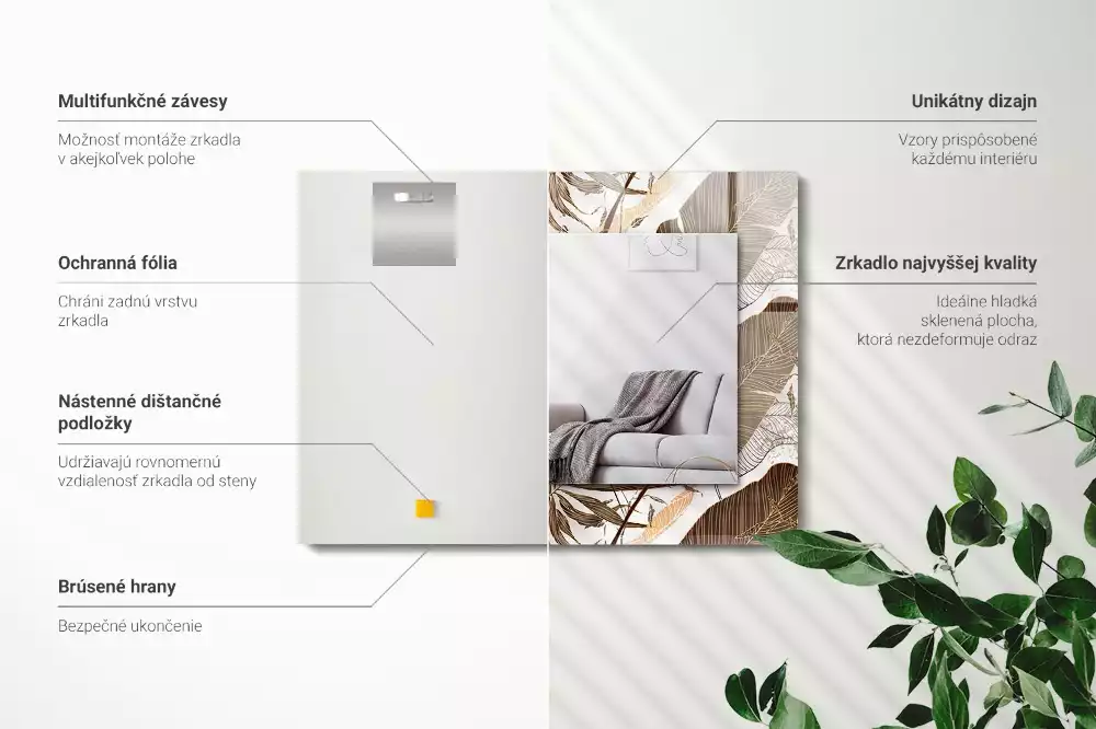 Obdélníkové dekorační zrcadlo na zeď vzor s tropickými listy