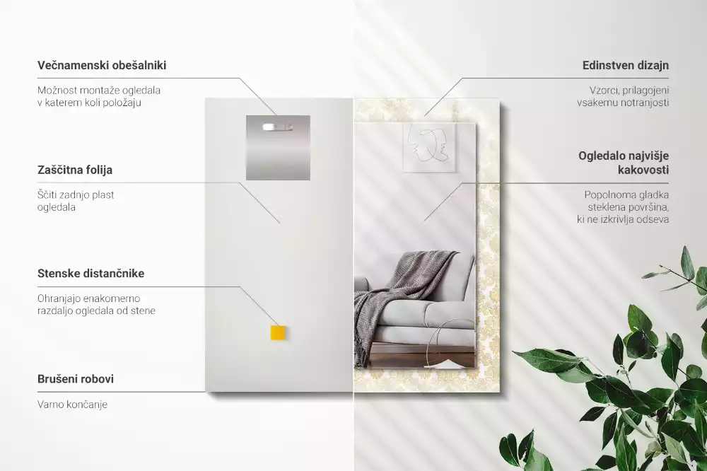 Obdélníkové zrcadlo rám s potiskem zlatá ornamentika