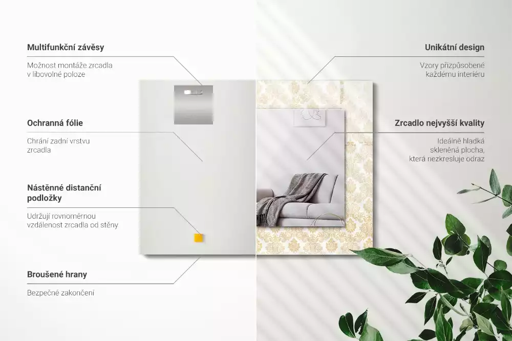 Obdélníkové zrcadlo rám s potiskem zlatá ornamentika