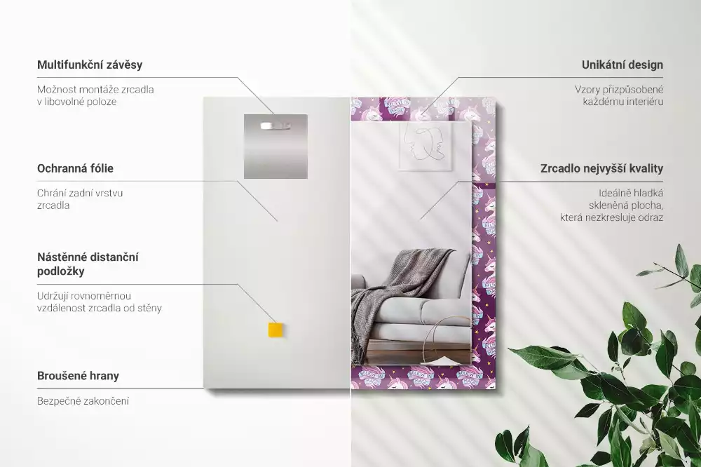 Obdélníkové dekorační zrcadlo na zeď jednorožci hvězdičky a nápis