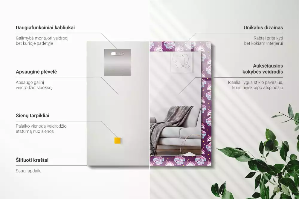 Obdélníkové dekorační zrcadlo na zeď jednorožci hvězdičky a nápis
