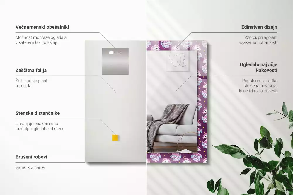 Obdélníkové dekorační zrcadlo na zeď jednorožci hvězdičky a nápis
