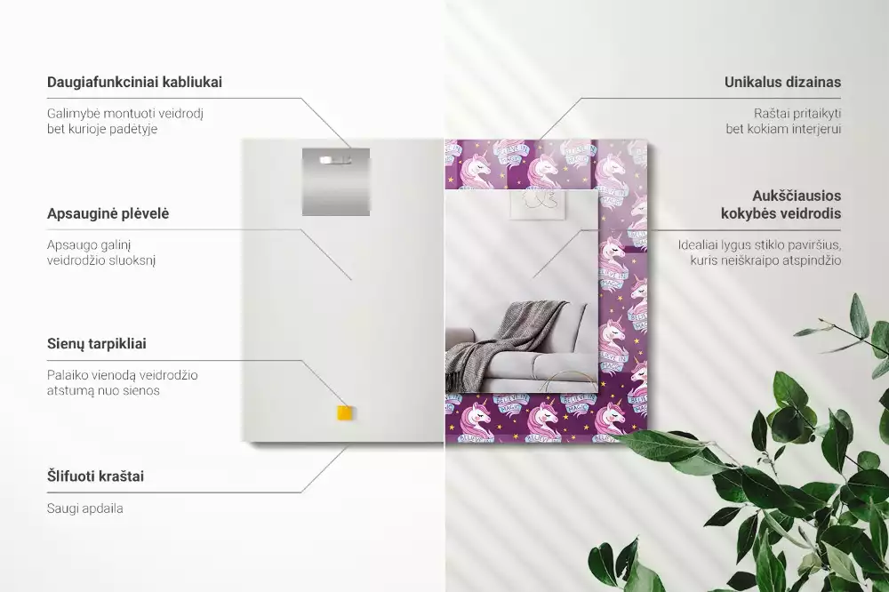 Obdélníkové dekorační zrcadlo na zeď jednorožci hvězdičky a nápis