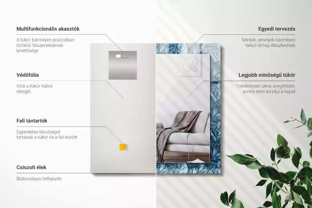 Obdélníkové dekorační zrcadlo na zeď vzor se světle modrými listy