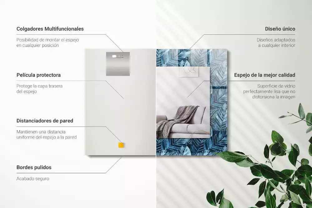 Obdélníkové dekorační zrcadlo na zeď vzor se světle modrými listy