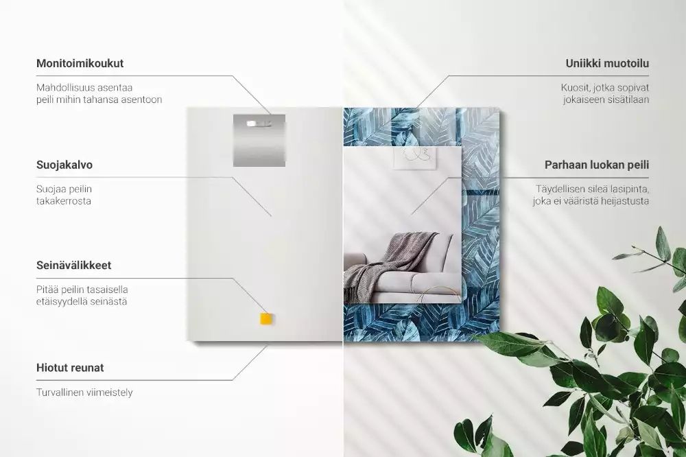 Obdélníkové dekorační zrcadlo na zeď vzor se světle modrými listy