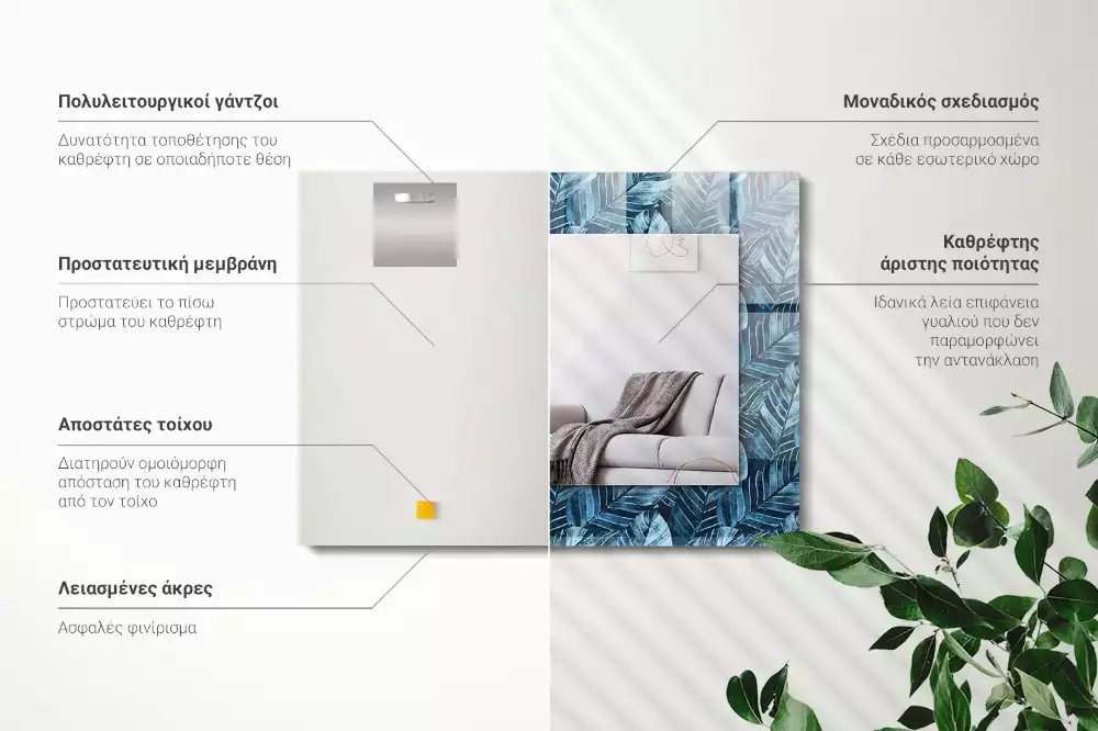 Obdélníkové dekorační zrcadlo na zeď vzor se světle modrými listy