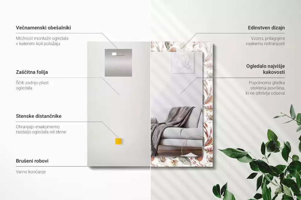 Obdélníkové dekorační zrcadlo na zeď květiny s listy