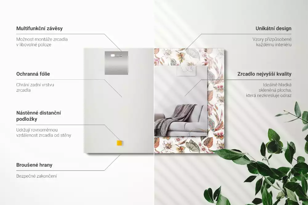 Obdélníkové dekorační zrcadlo na zeď květiny s listy