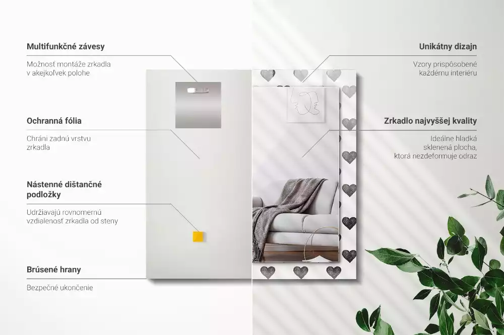Obdélníkové zrcadlo rám s potiskem vzor s černými srdci