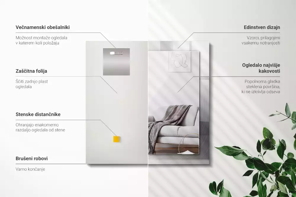 Obdélníkové zrcadlo s dekorem kulatý kovový povrch
